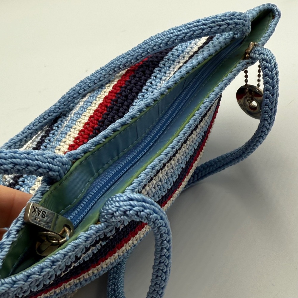 The Sak Crochet Stripe Shoulder Bag in Light Blue, Navy, Red, Cream - Picture 5 of 11